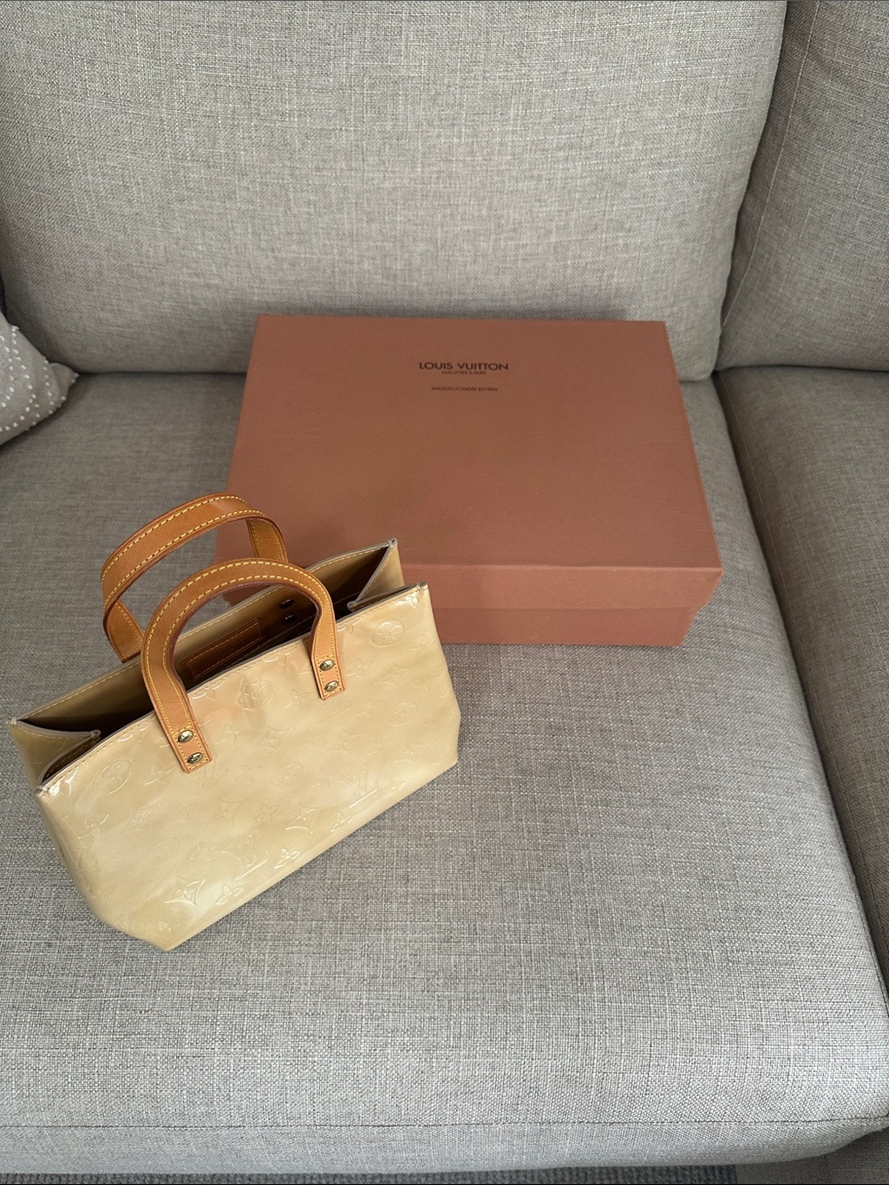Louis Vuitton Cream Patent Vernis Satchel with Tan Handles